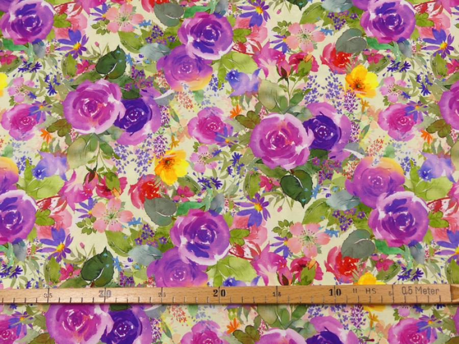 Preview: Patchworkstoff Clothworks Flowershop Rosen in lila und bunte Blumen mit Maß